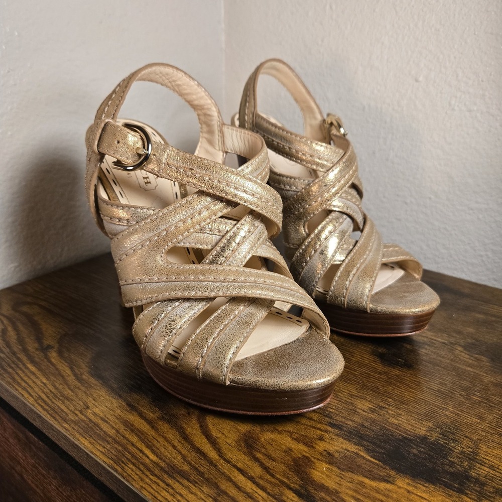 Coach Sandals Womens Size‎ 6M Gold Brynne Strappy Platform Cone Heel Leather